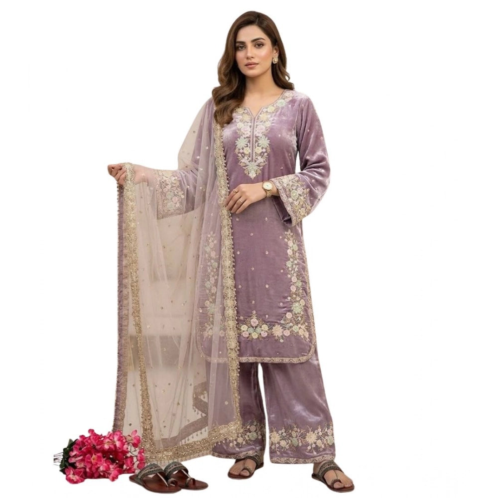 Women's Silk Embroidered 3/4th Sleeve Round Kurti — Lavender