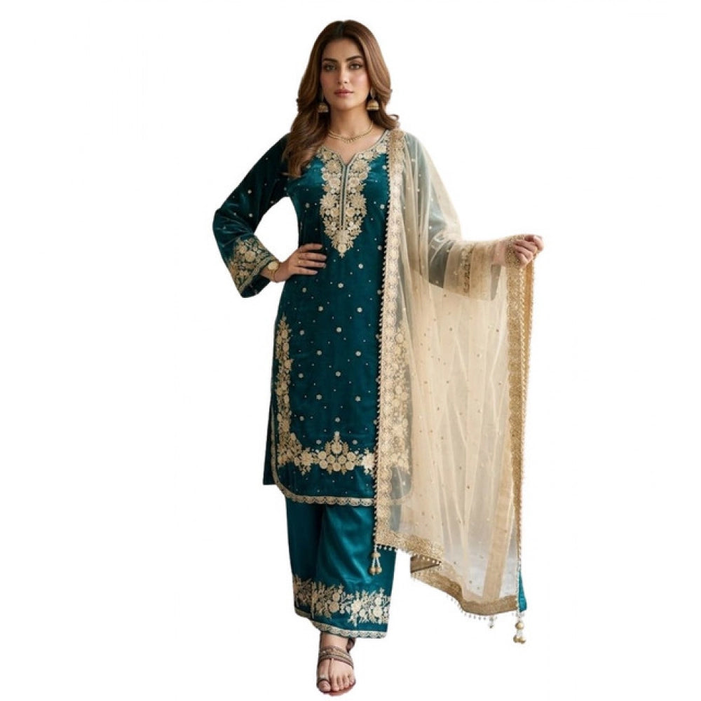 Women's Silk Embroidered 3/4th Sleeve Round Kurti — Teal