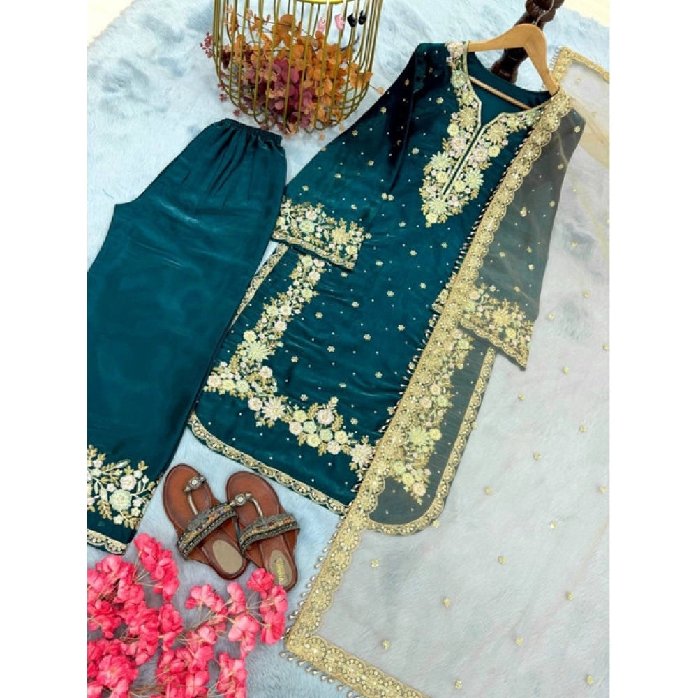 Women's Silk Embroidered 3/4th Sleeve Round Kurti — Teal