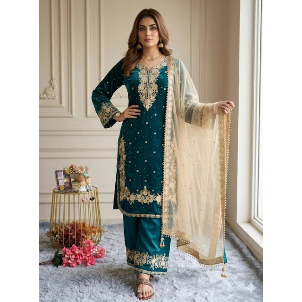 Women's Silk Embroidered 3/4th Sleeve Round Kurti — Teal