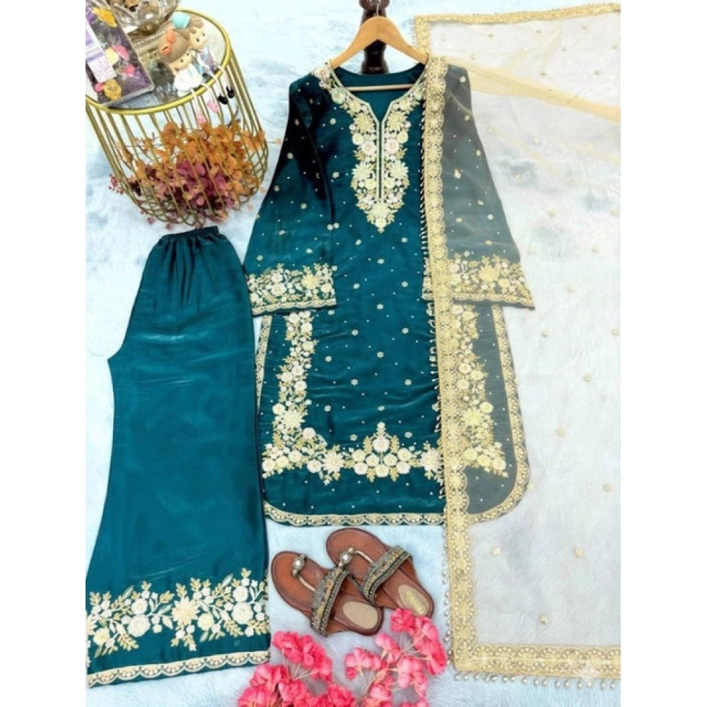 Women's Silk Embroidered 3/4th Sleeve Round Kurti — Teal