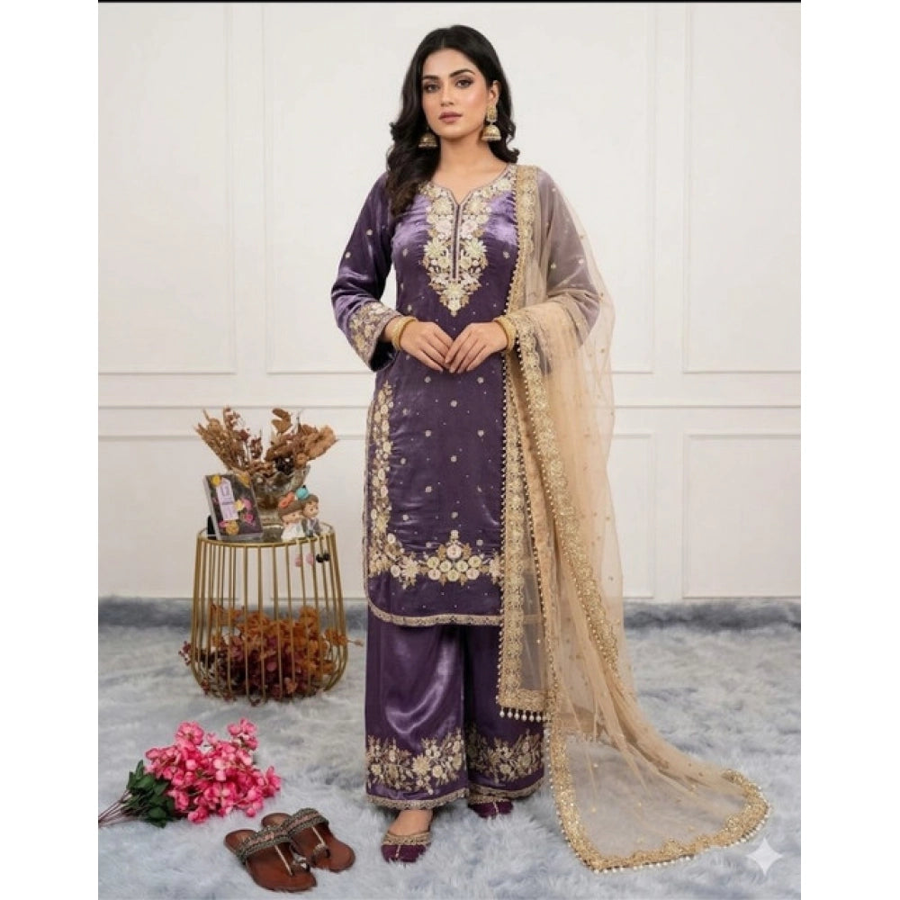 Women's Silk Embroidered 3/4th Sleeve Round Kurti — Purple · 18_L