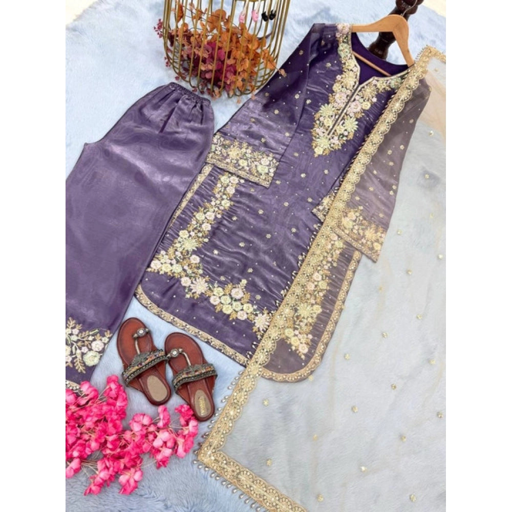 Women's Silk Embroidered 3/4th Sleeve Round Kurti — Purple · 18_L