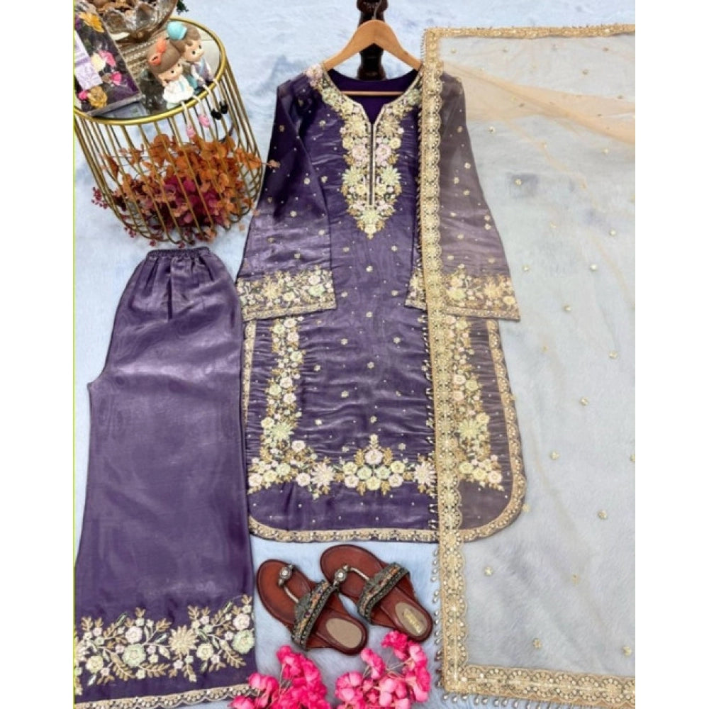 Women's Silk Embroidered 3/4th Sleeve Round Kurti — Purple · 18_L