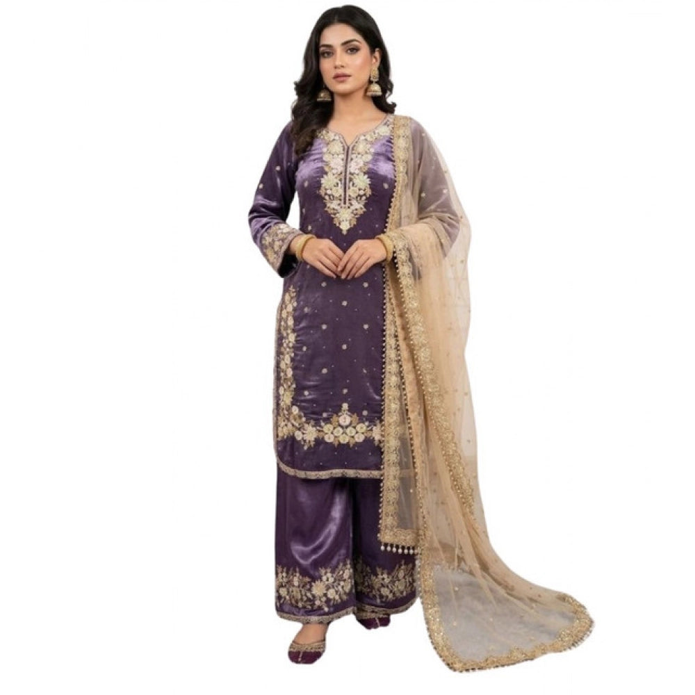Women's Silk Embroidered 3/4th Sleeve Round Kurti — Purple · 18_L