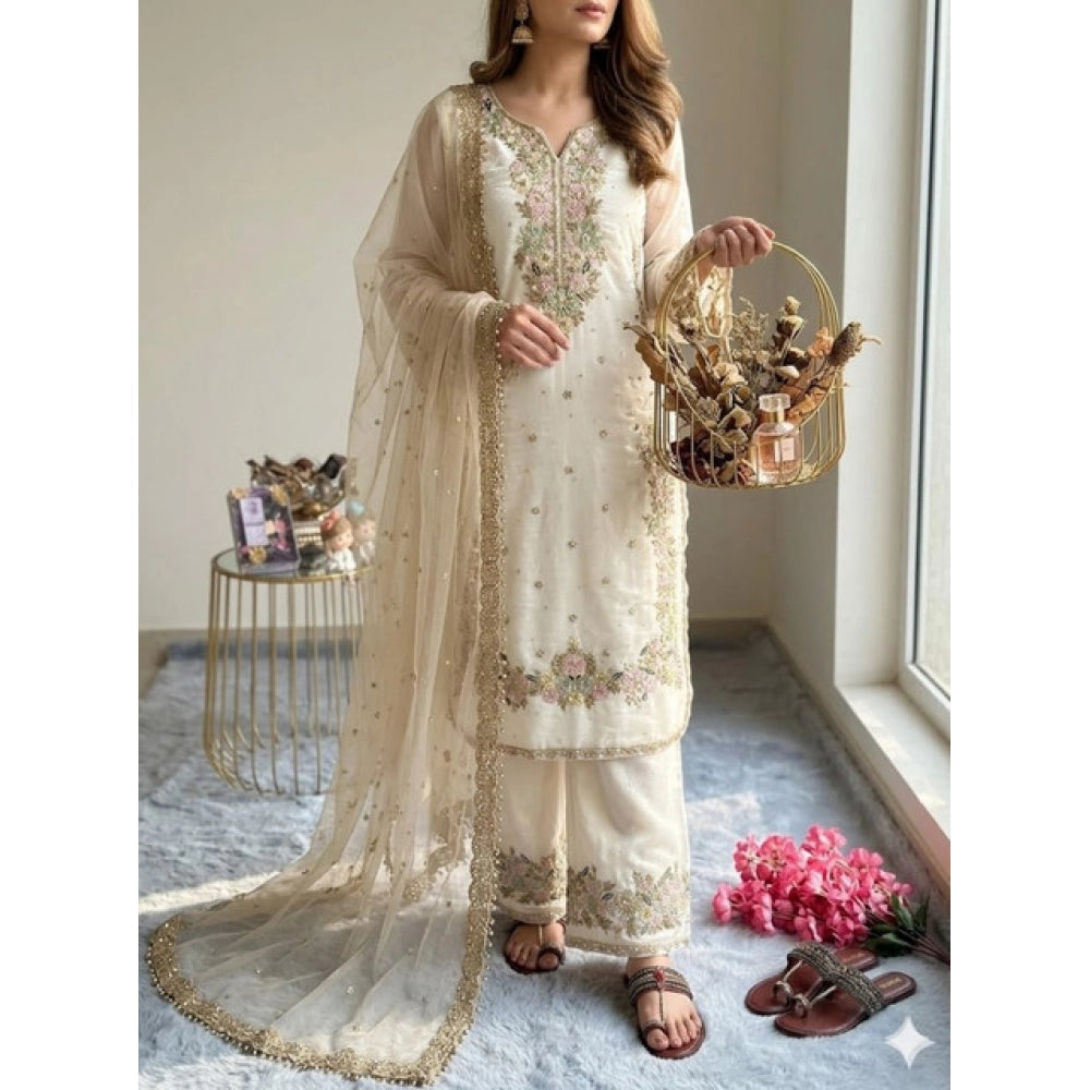 Women's Silk Embroidered 3/4th Sleeve Round Kurti — White