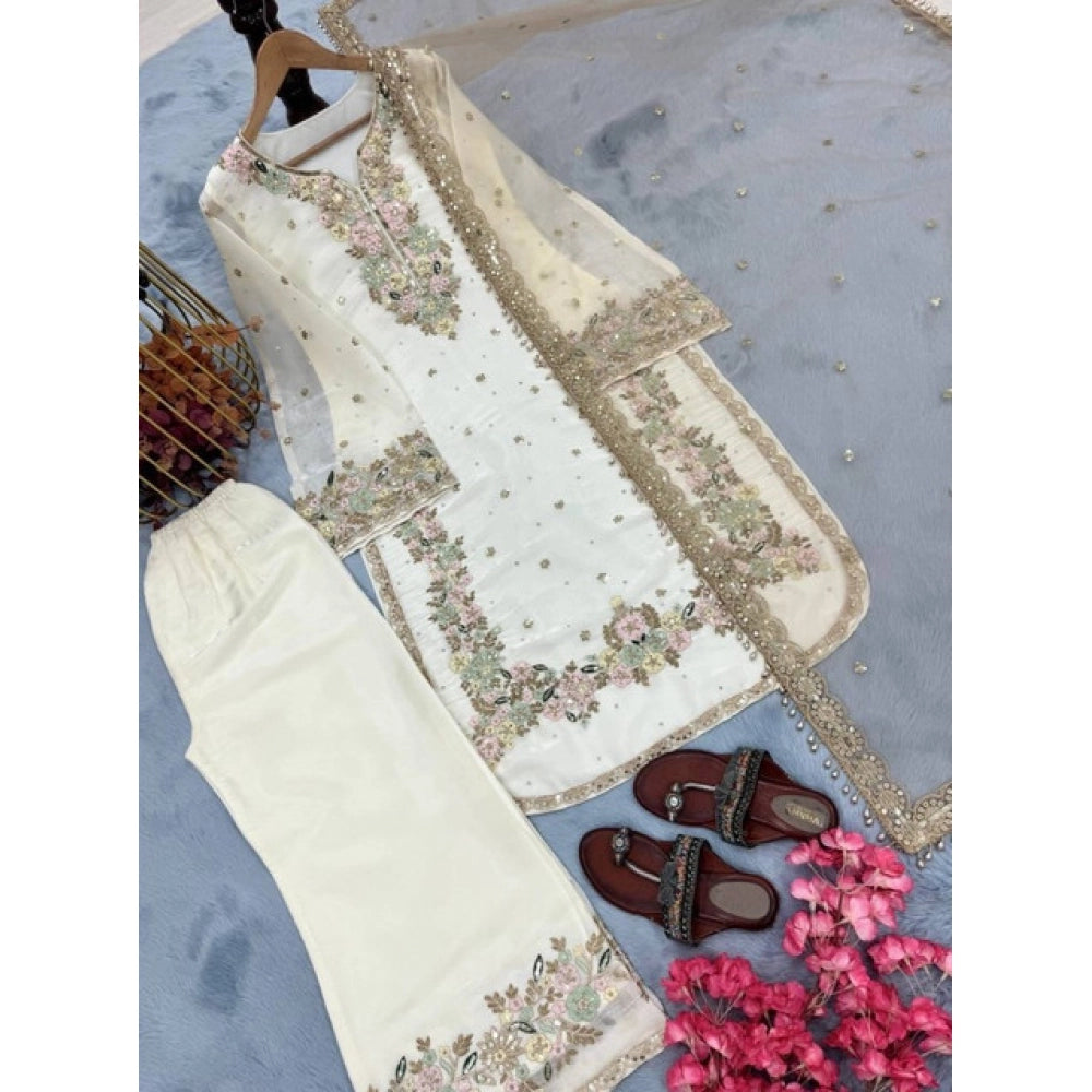 Women's Silk Embroidered 3/4th Sleeve Round Kurti — White