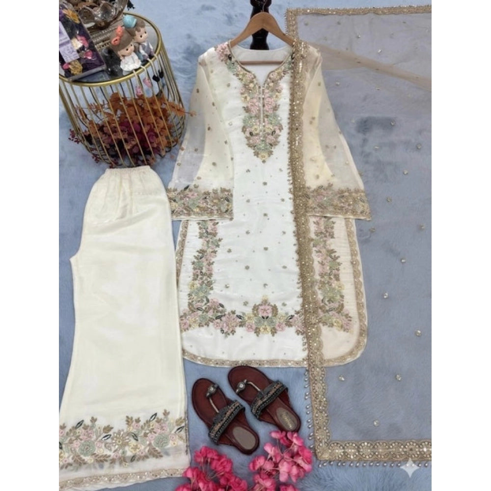 Women's Silk Embroidered 3/4th Sleeve Round Kurti — White