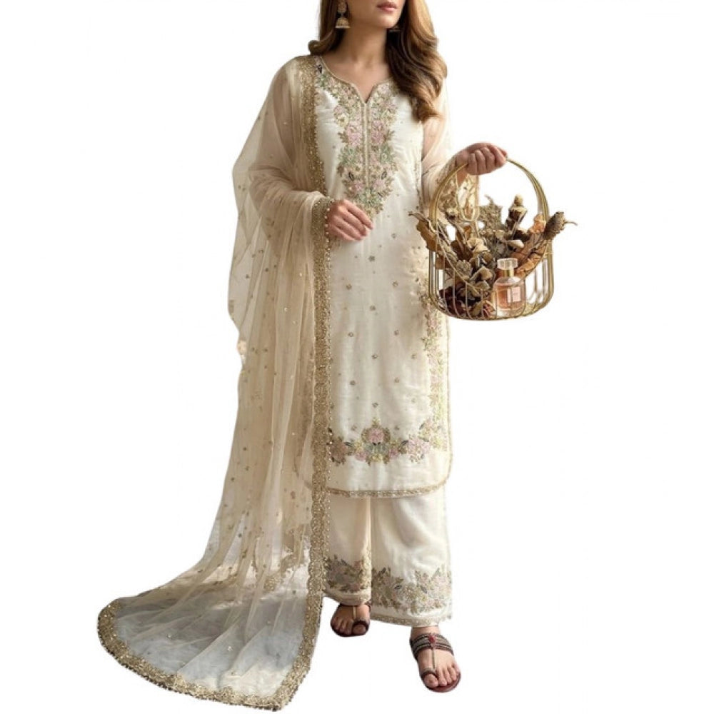 Women's Silk Embroidered 3/4th Sleeve Round Kurti — White