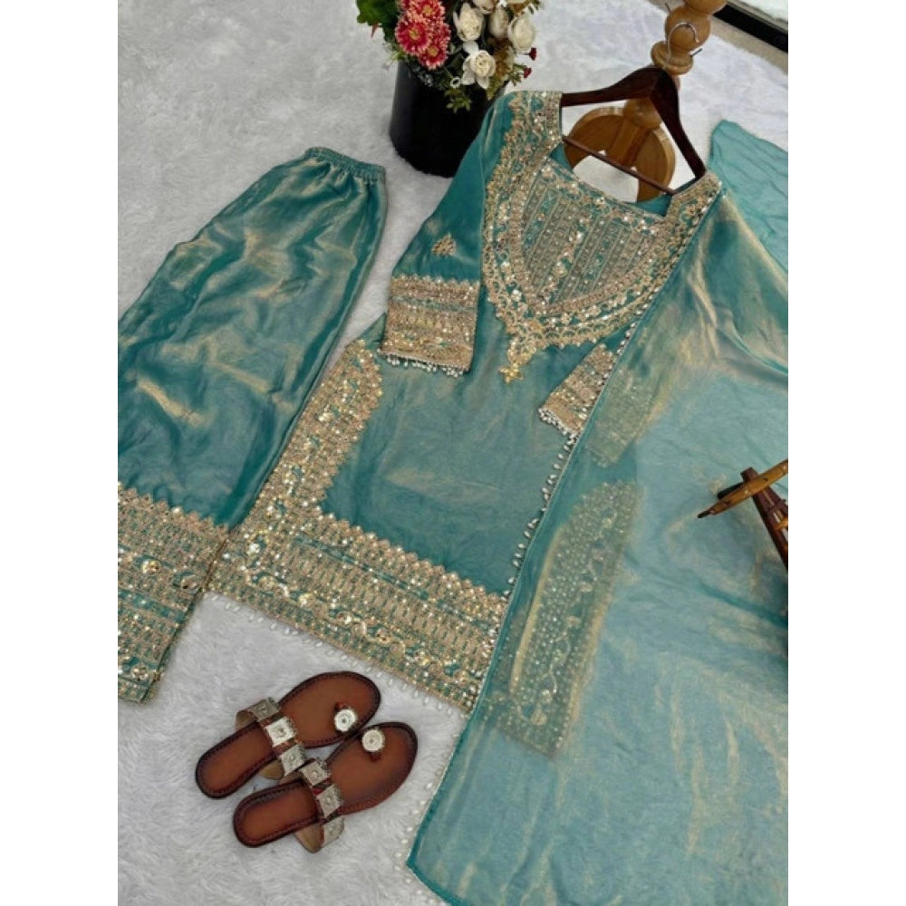 Women's Silk Embroidered 3/4th Sleeve Round Kurti — Sea Green
