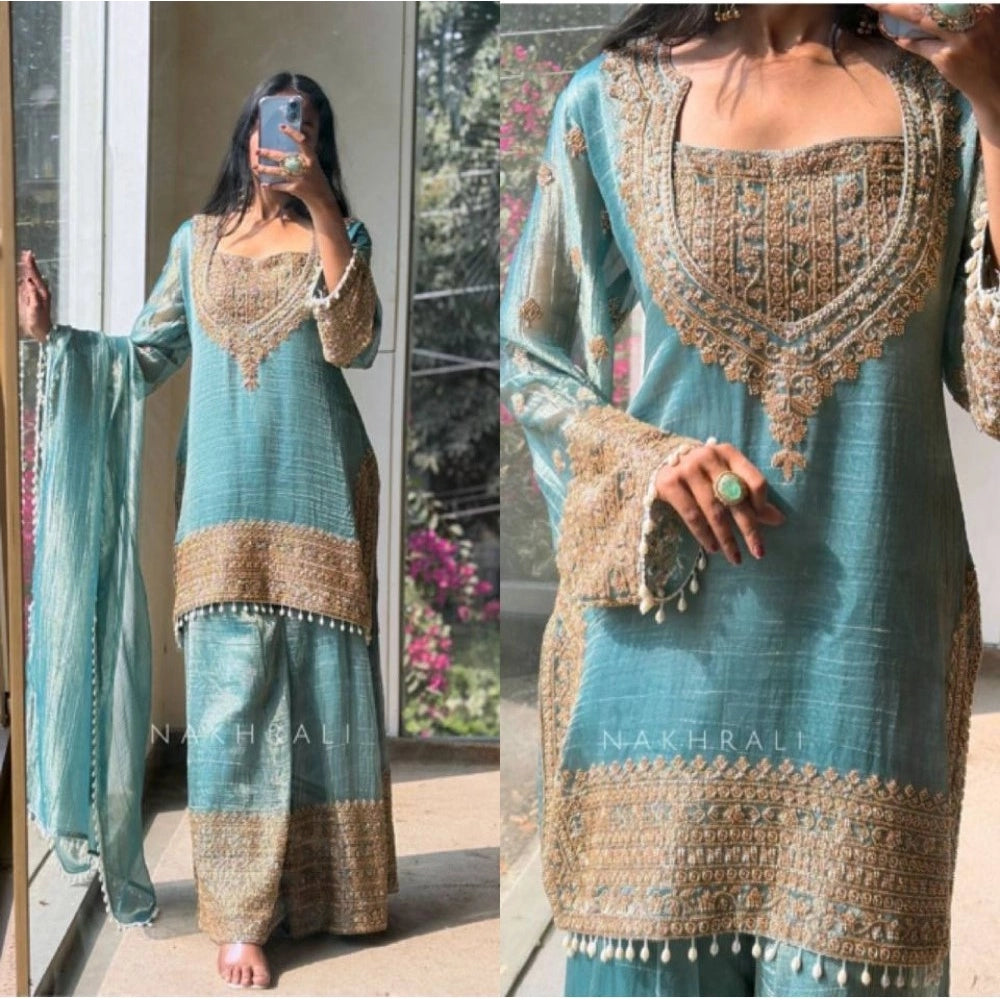Women's Silk Embroidered 3/4th Sleeve Round Kurti — Sea Green