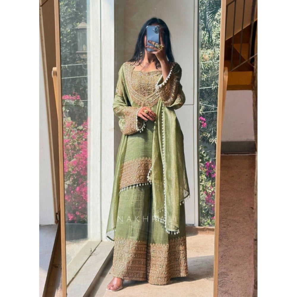 Women's Silk Embroidered 3/4th Sleeve Round Kurti — Green