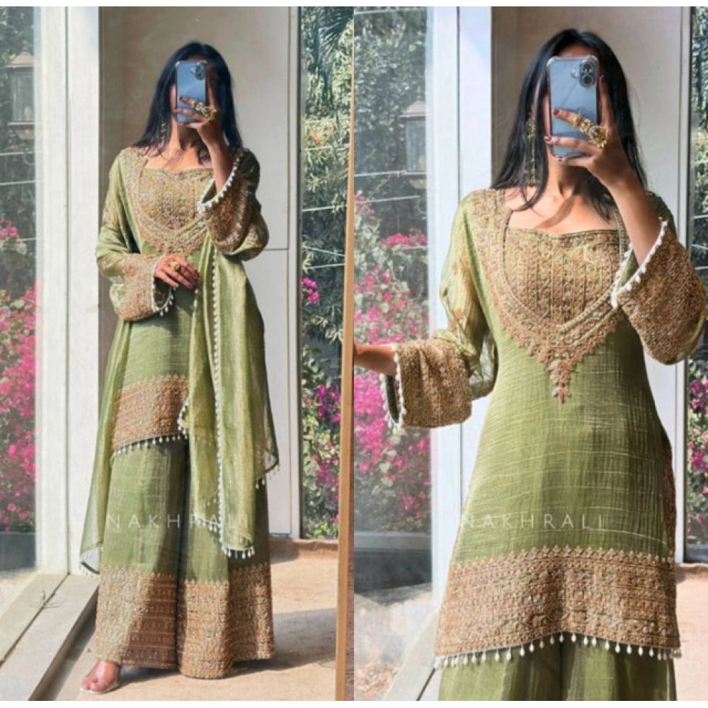 Women's Silk Embroidered 3/4th Sleeve Round Kurti — Green