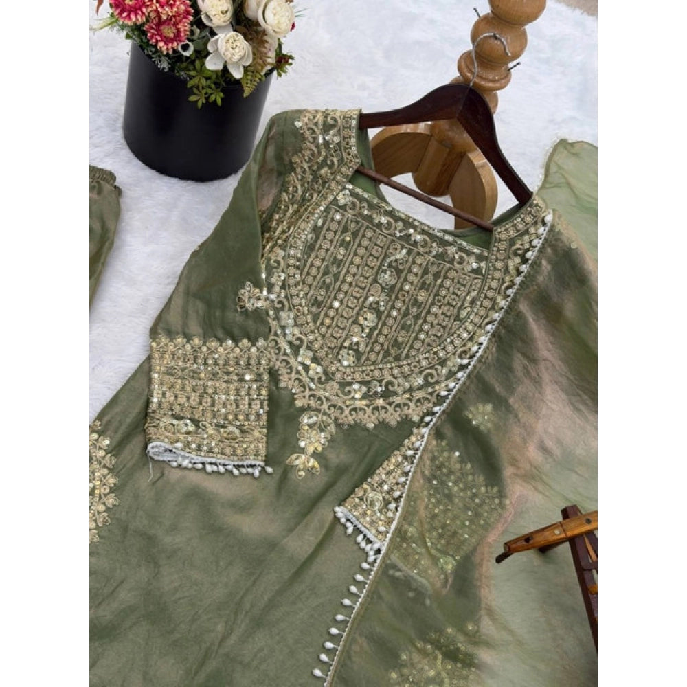 Women's Silk Embroidered 3/4th Sleeve Round Kurti — Green