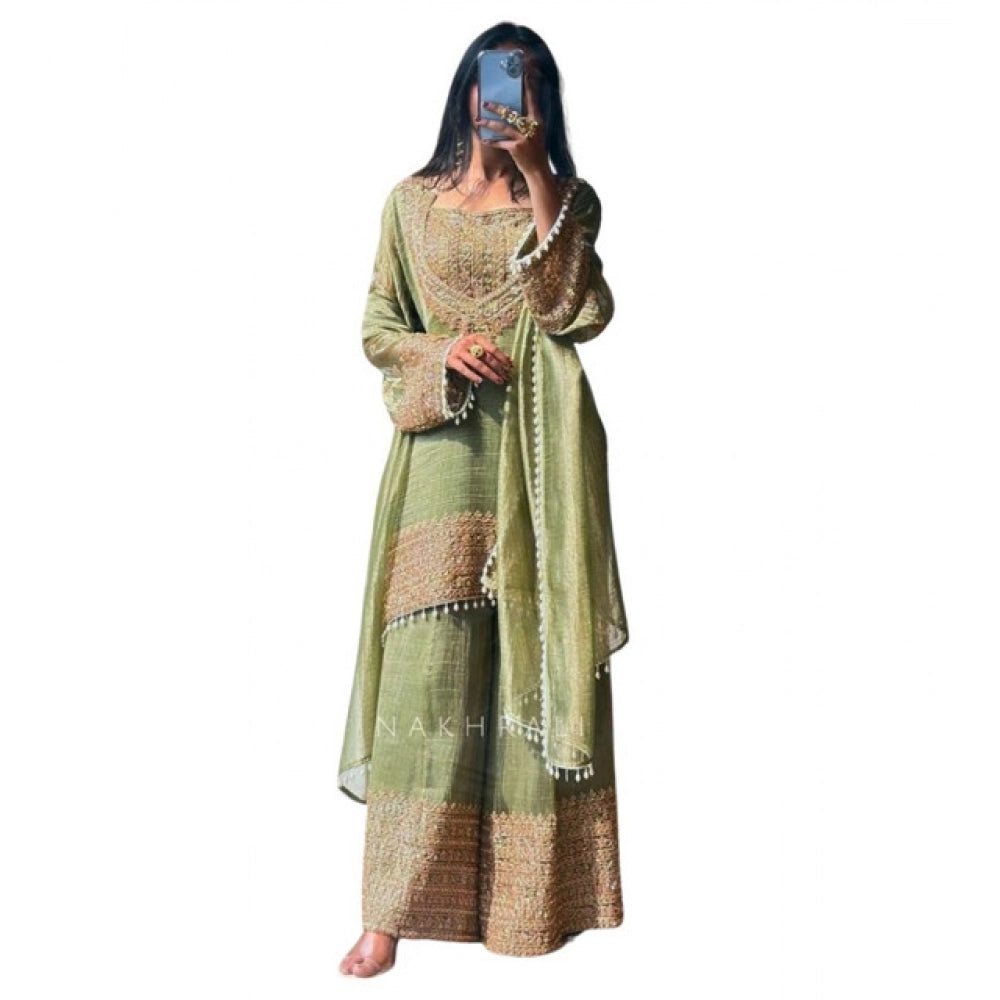 Women's Silk Embroidered 3/4th Sleeve Round Kurti — Green