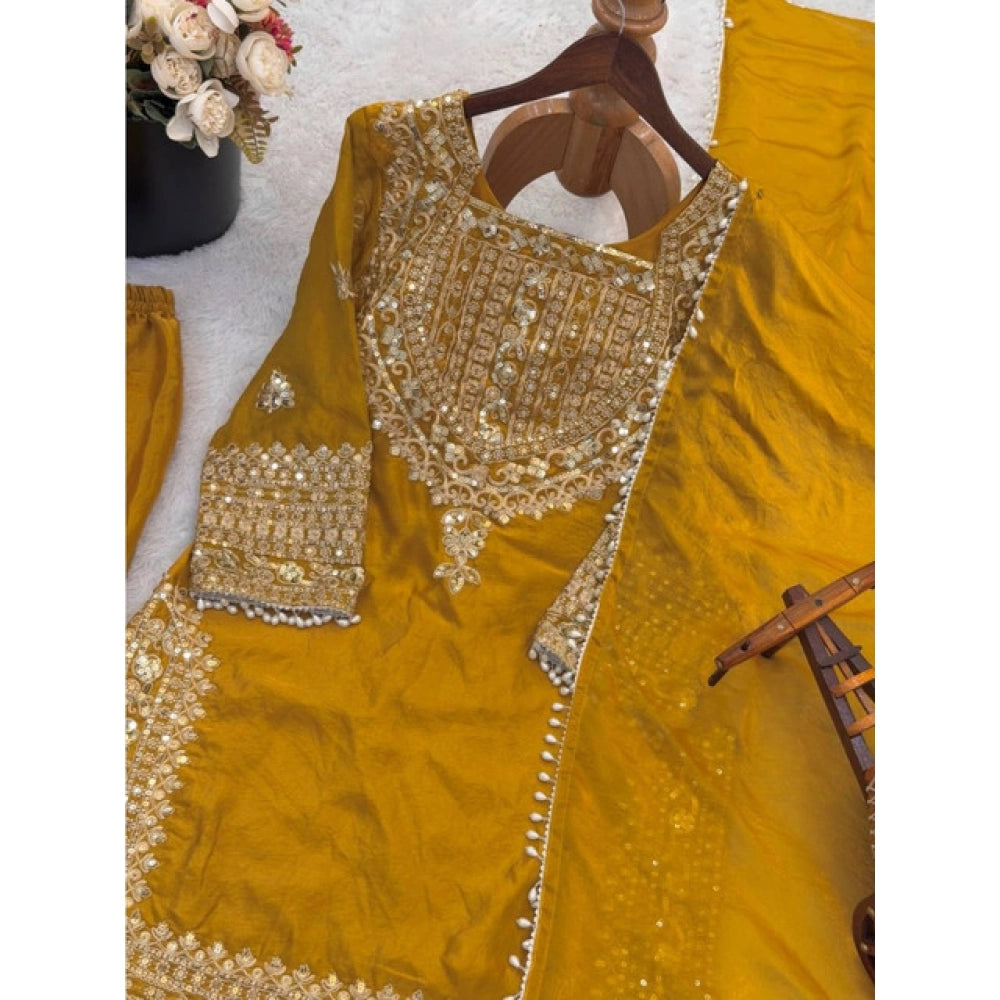 Women's Silk Embroidered 3/4th Sleeve Round Kurti — Yellow