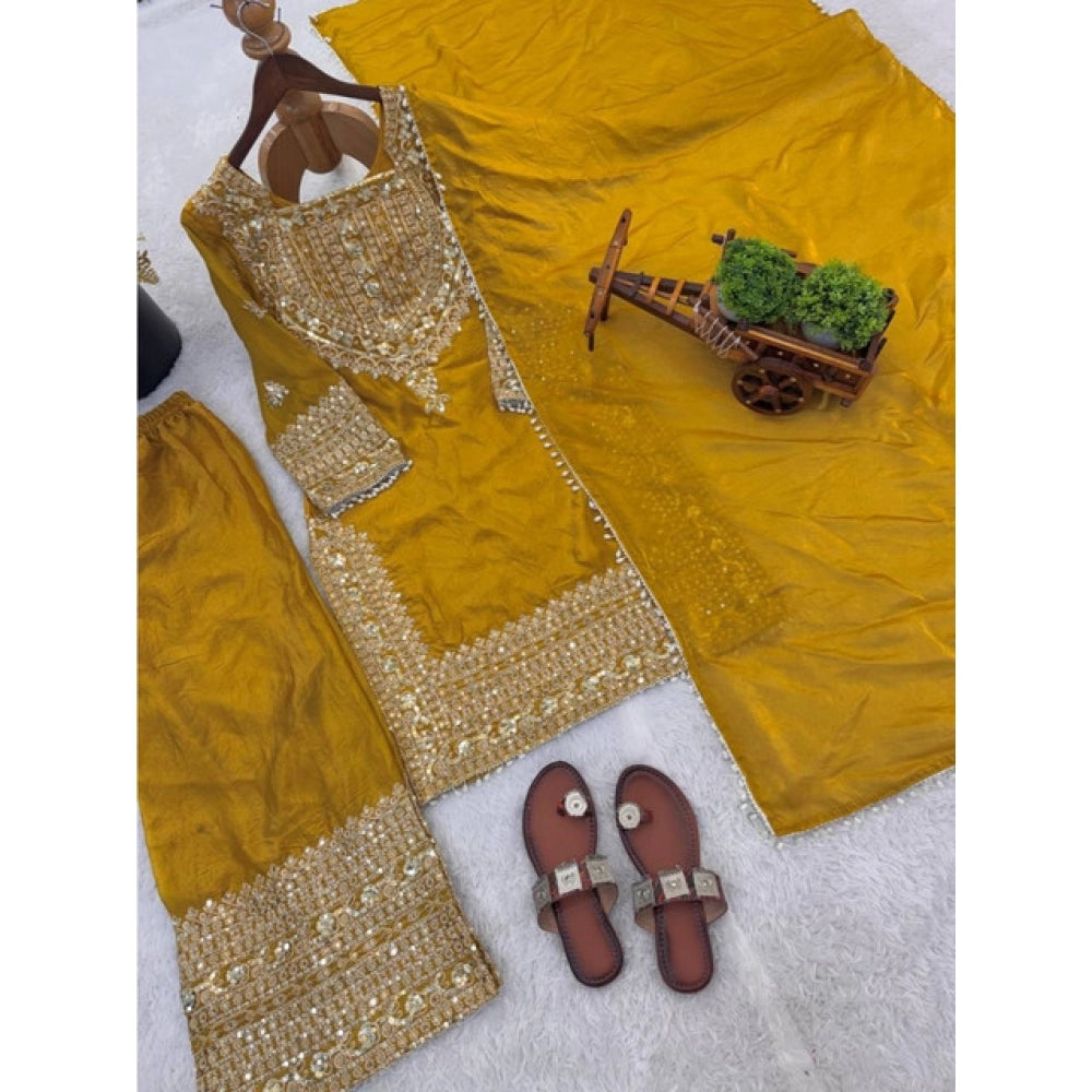 Women's Silk Embroidered 3/4th Sleeve Round Kurti — Yellow