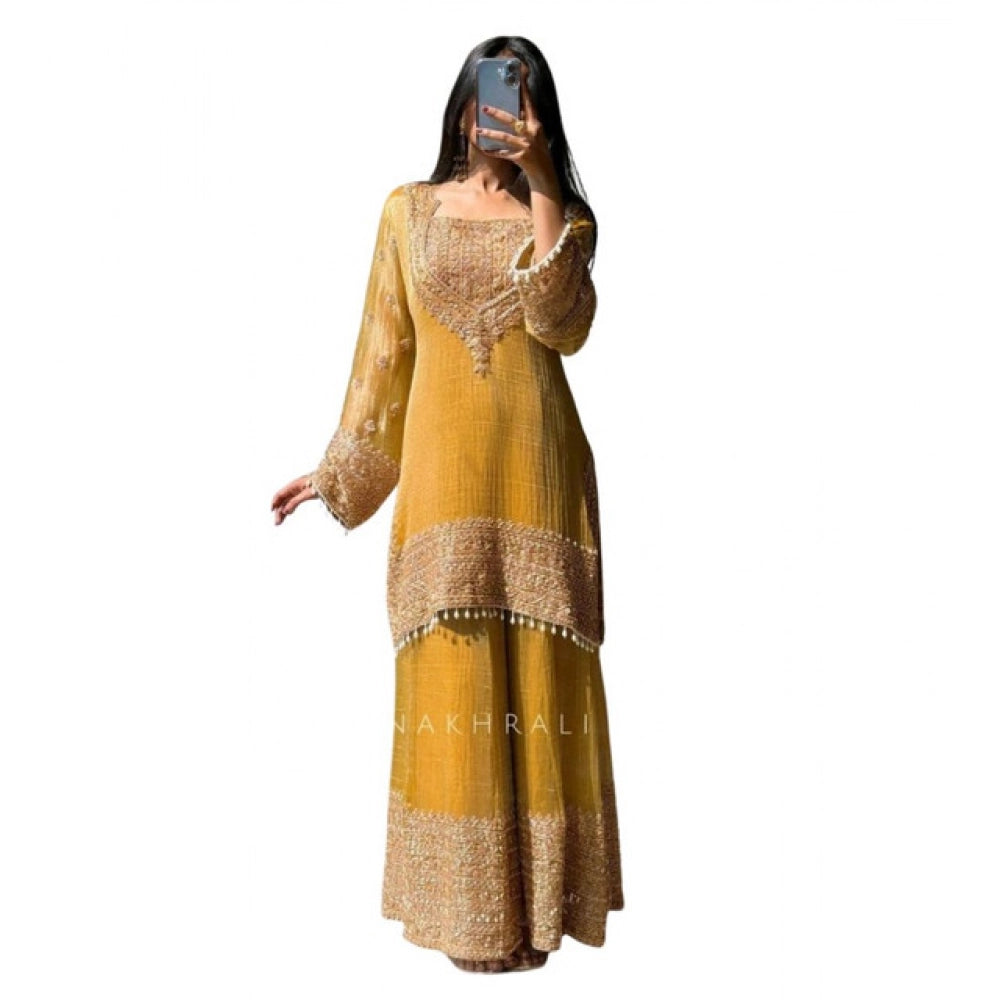Women's Silk Embroidered 3/4th Sleeve Round Kurti — Yellow