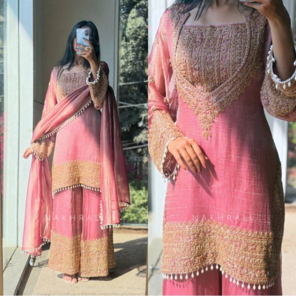 Women's Silk Embroidered 3/4th Sleeve Round Kurti — Pink