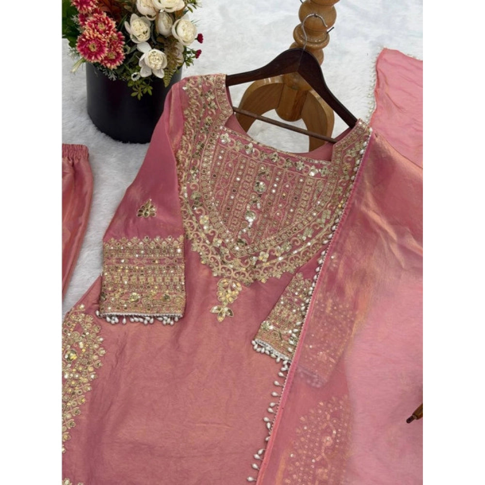 Women's Silk Embroidered 3/4th Sleeve Round Kurti — Pink