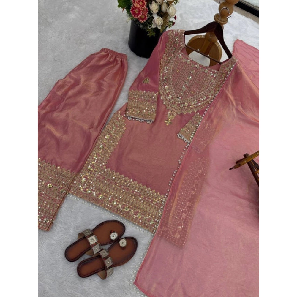 Women's Silk Embroidered 3/4th Sleeve Round Kurti — Pink