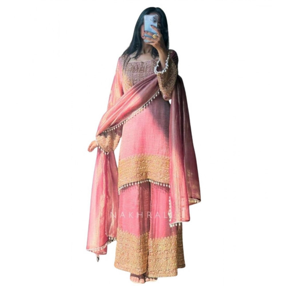 Women's Silk Embroidered 3/4th Sleeve Round Kurti — Pink
