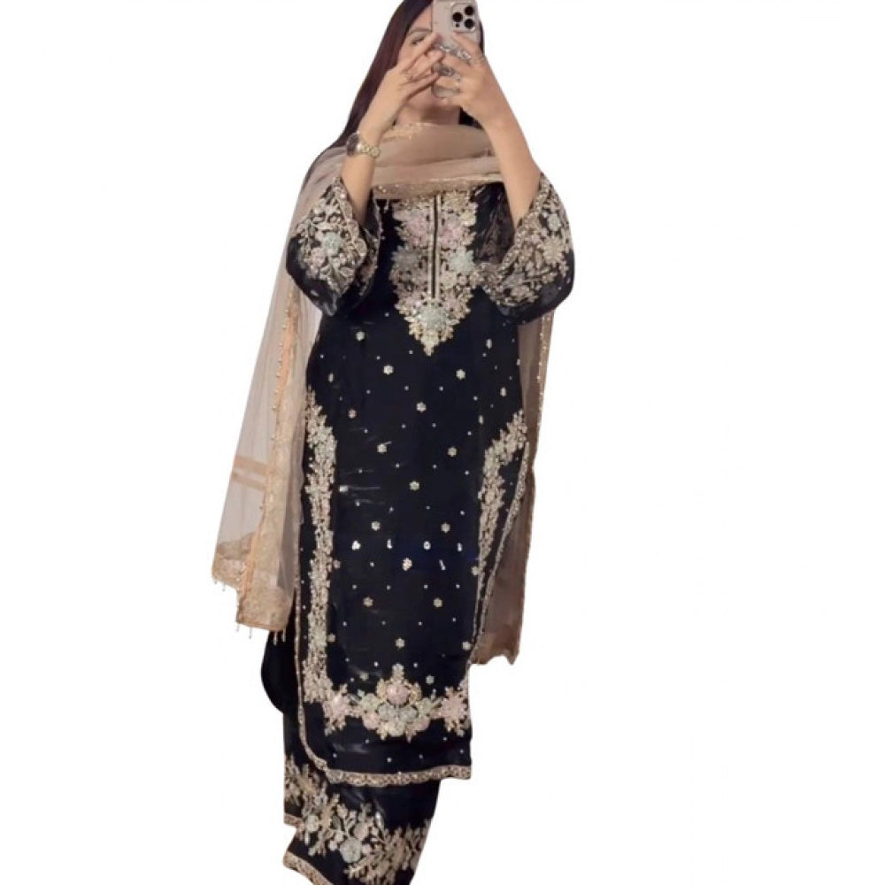Women's Silk Embroidered 3/4th Sleeve Round Readymade Kurti — Black