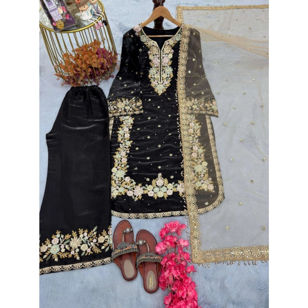 Women's Silk Embroidered 3/4th Sleeve Round Readymade Kurti — Black