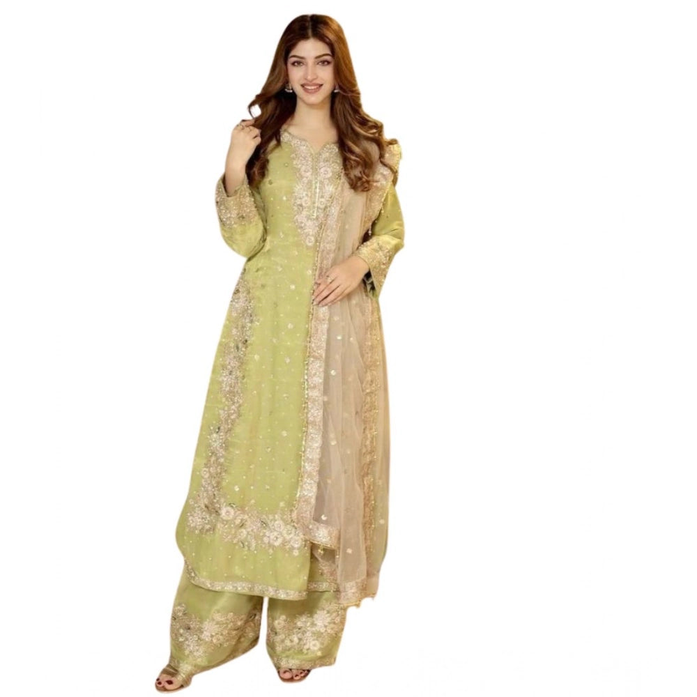 Women's Silk Embroidered 3/4th Sleeve Round Readymade Kurti — Pista