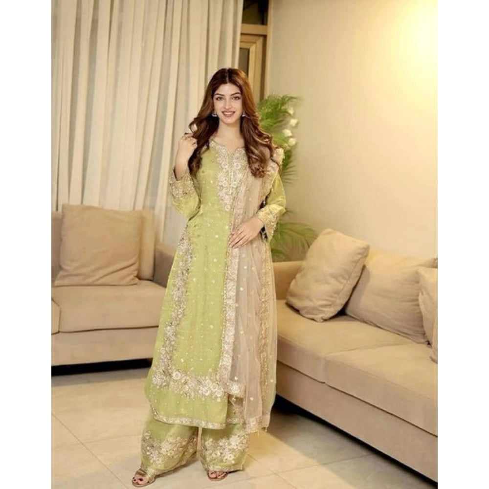 Women's Silk Embroidered 3/4th Sleeve Round Readymade Kurti — Pista