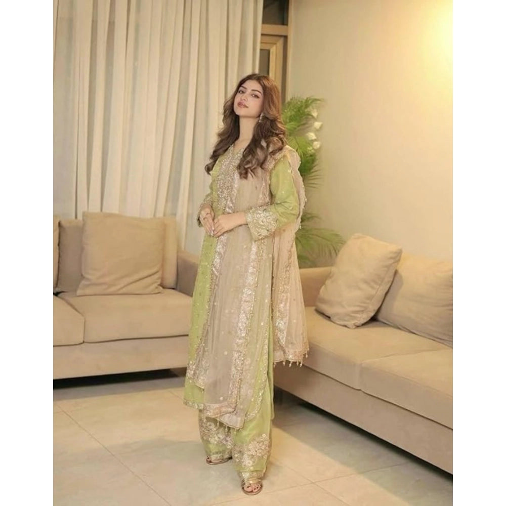 Women's Silk Embroidered 3/4th Sleeve Round Readymade Kurti — Pista
