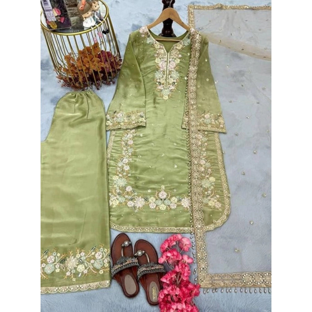 Women's Silk Embroidered 3/4th Sleeve Round Readymade Kurti — Pista