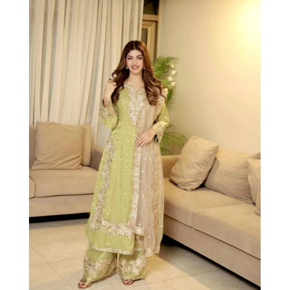 Women's Silk Embroidered 3/4th Sleeve Round Readymade Kurti — Pista
