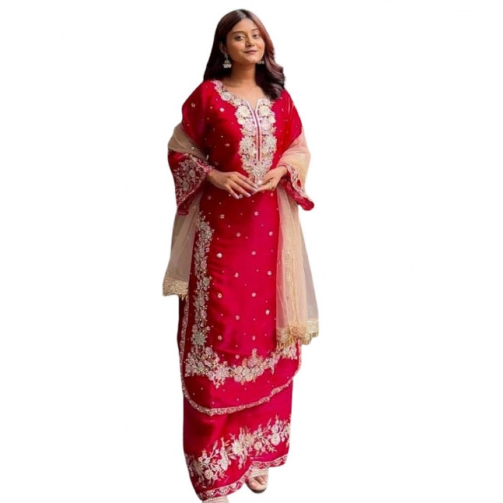 Women's Silk Embroidered 3/4th Sleeve Round Readymade Kurti — Red