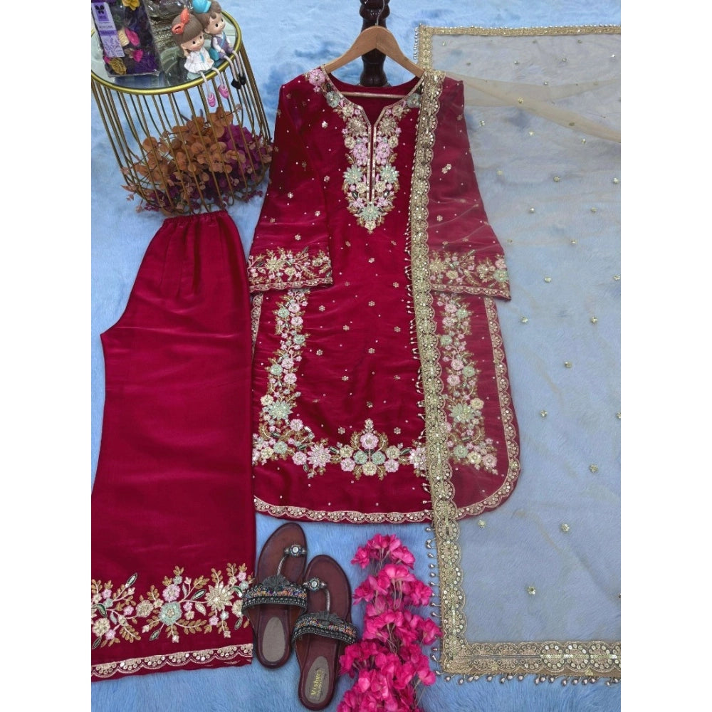 Women's Silk Embroidered 3/4th Sleeve Round Readymade Kurti — Red
