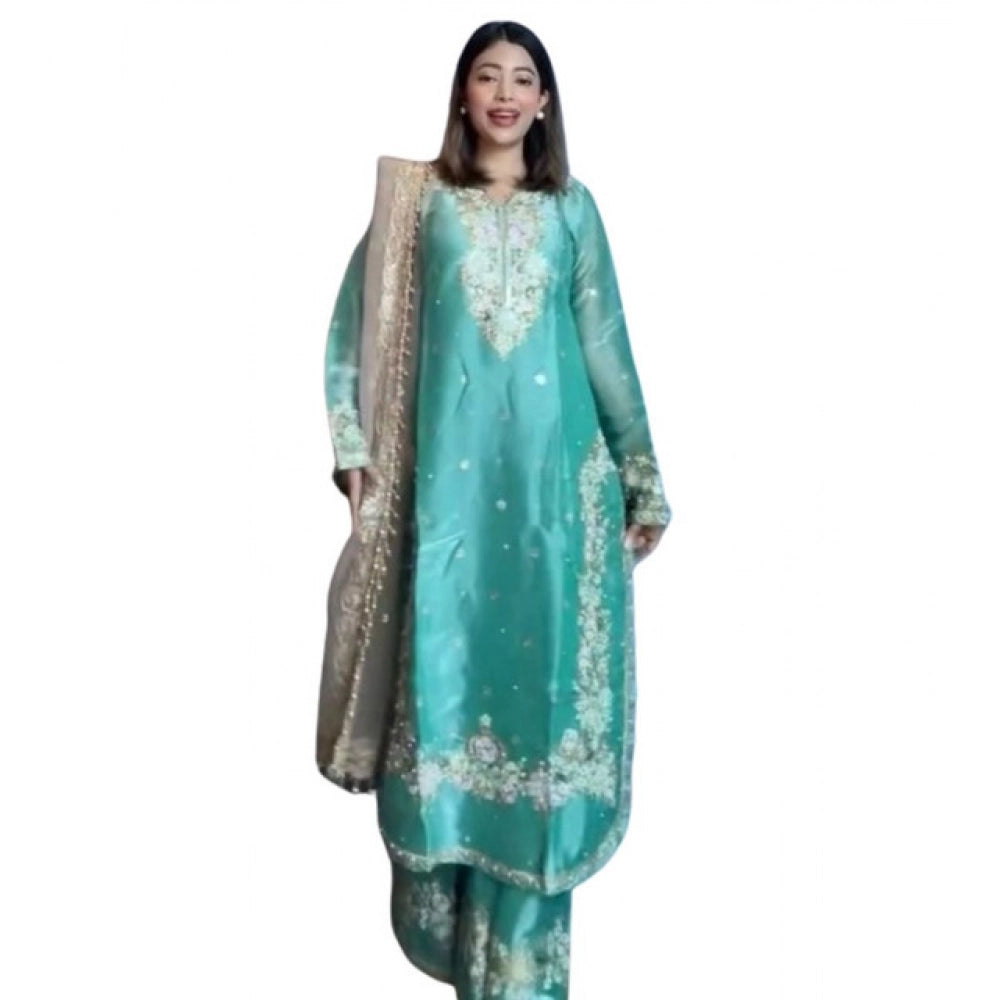 Women's Silk Embroidered 3/4th Sleeve Round Readymade Kurti — Sea Green
