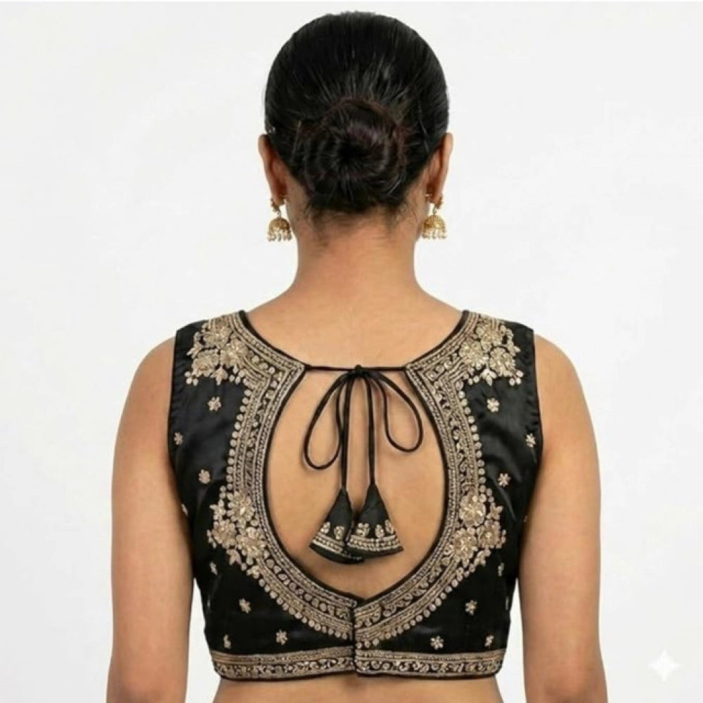 Women's Silk Embroidered V-Neck Sleeveless Readymade Padded Blouse — Black