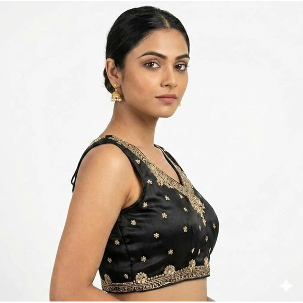 Women's Silk Embroidered V-Neck Sleeveless Readymade Padded Blouse — Black
