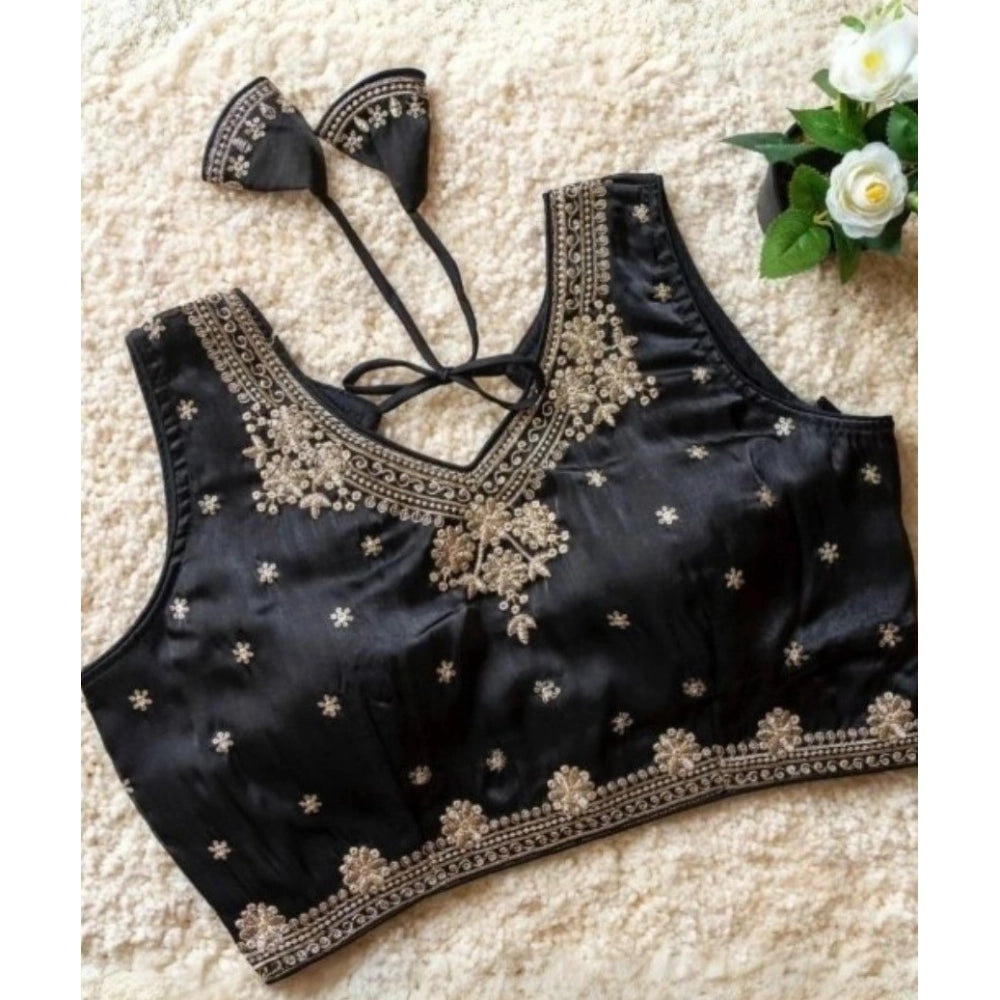 Women's Silk Embroidered V-Neck Sleeveless Readymade Padded Blouse — Black