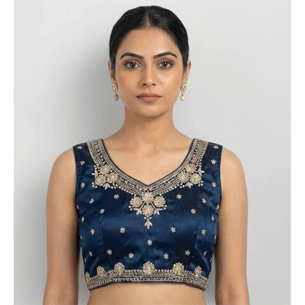 Women's Silk Embroidered V-Neck Sleeveless Readymade Padded Blouse — Blue