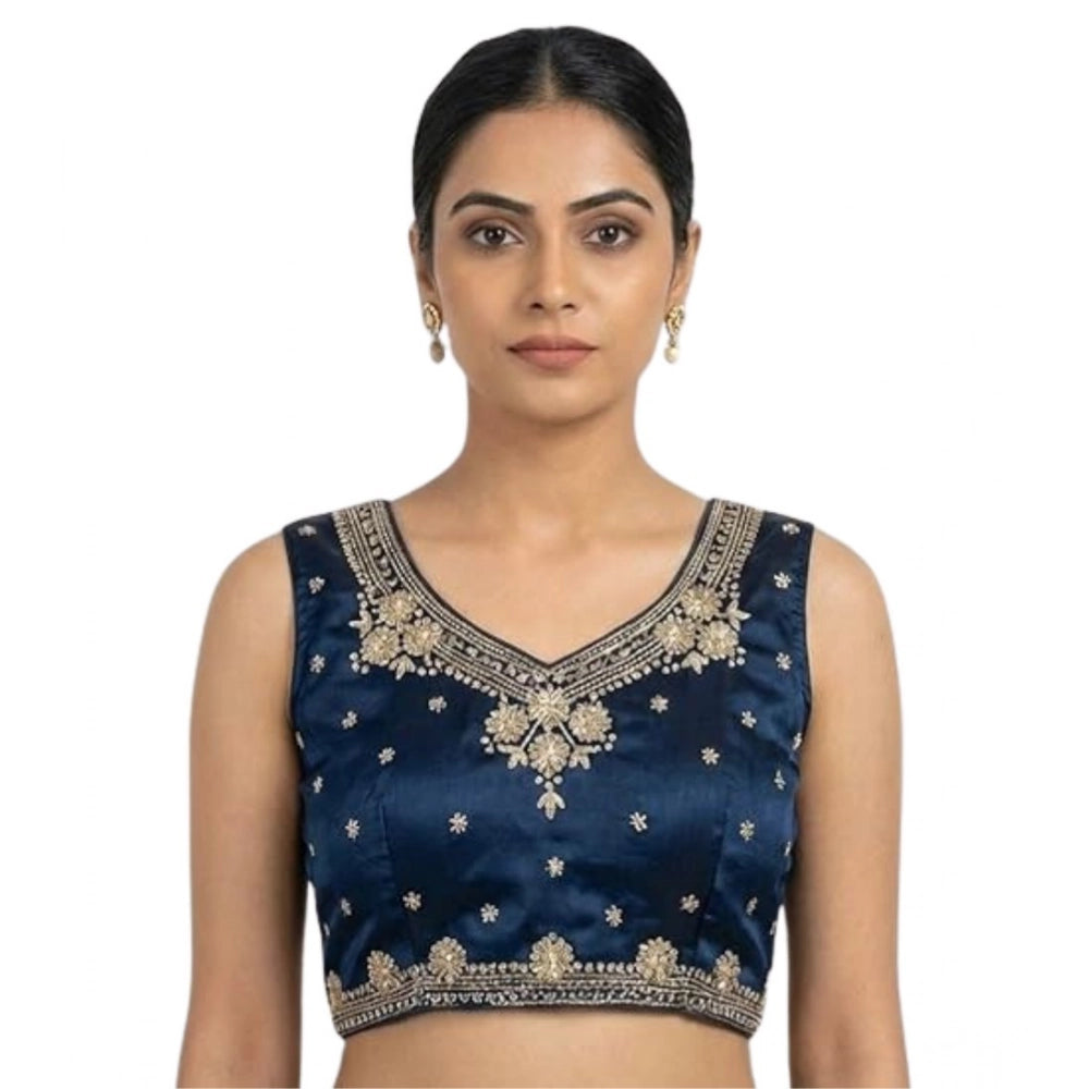 Women's Silk Embroidered V-Neck Sleeveless Readymade Padded Blouse — Blue