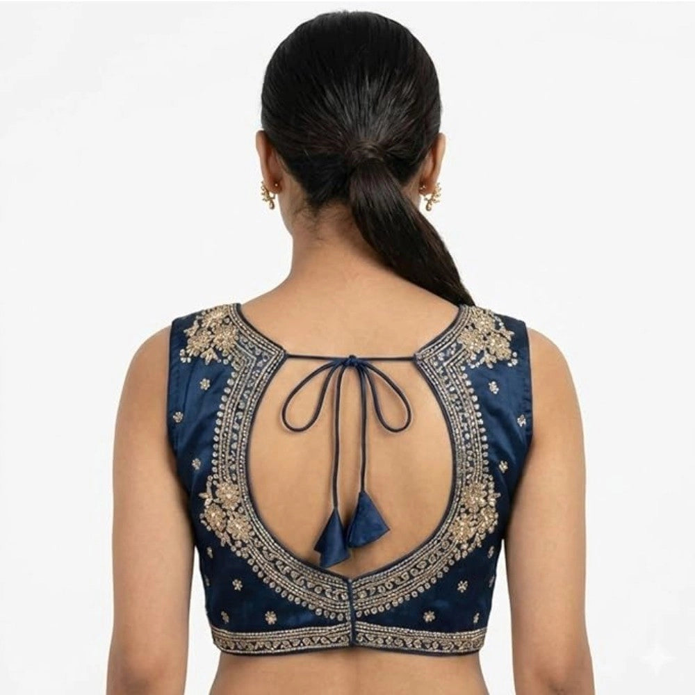 Women's Silk Embroidered V-Neck Sleeveless Readymade Padded Blouse — Blue