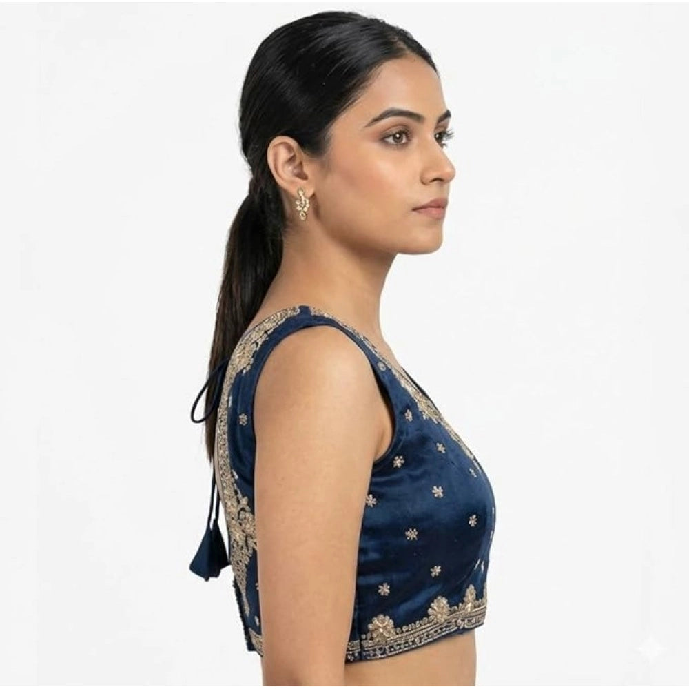 Women's Silk Embroidered V-Neck Sleeveless Readymade Padded Blouse — Blue