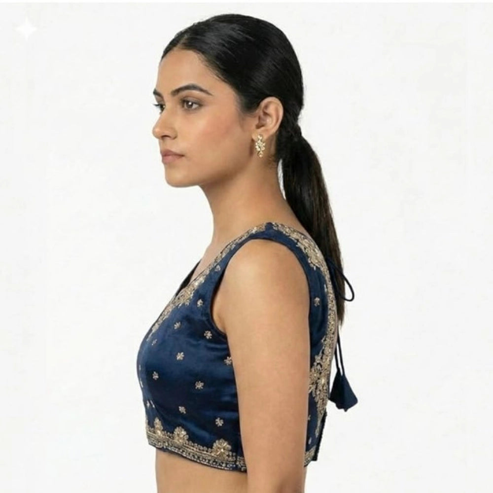Women's Silk Embroidered V-Neck Sleeveless Readymade Padded Blouse — Blue