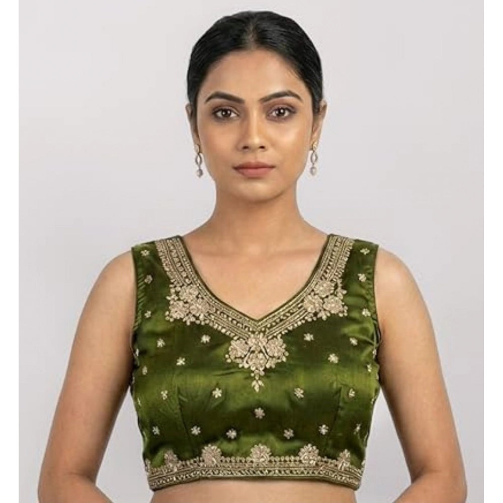 Women's Silk Embroidered V-Neck Sleeveless Readymade Padded Blouse — Mahendi
