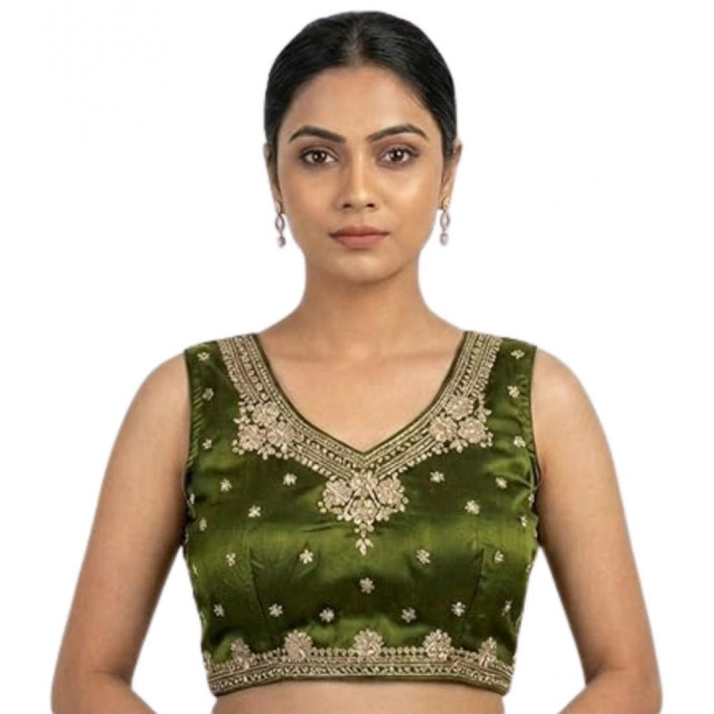 Women's Silk Embroidered V-Neck Sleeveless Readymade Padded Blouse — Mahendi