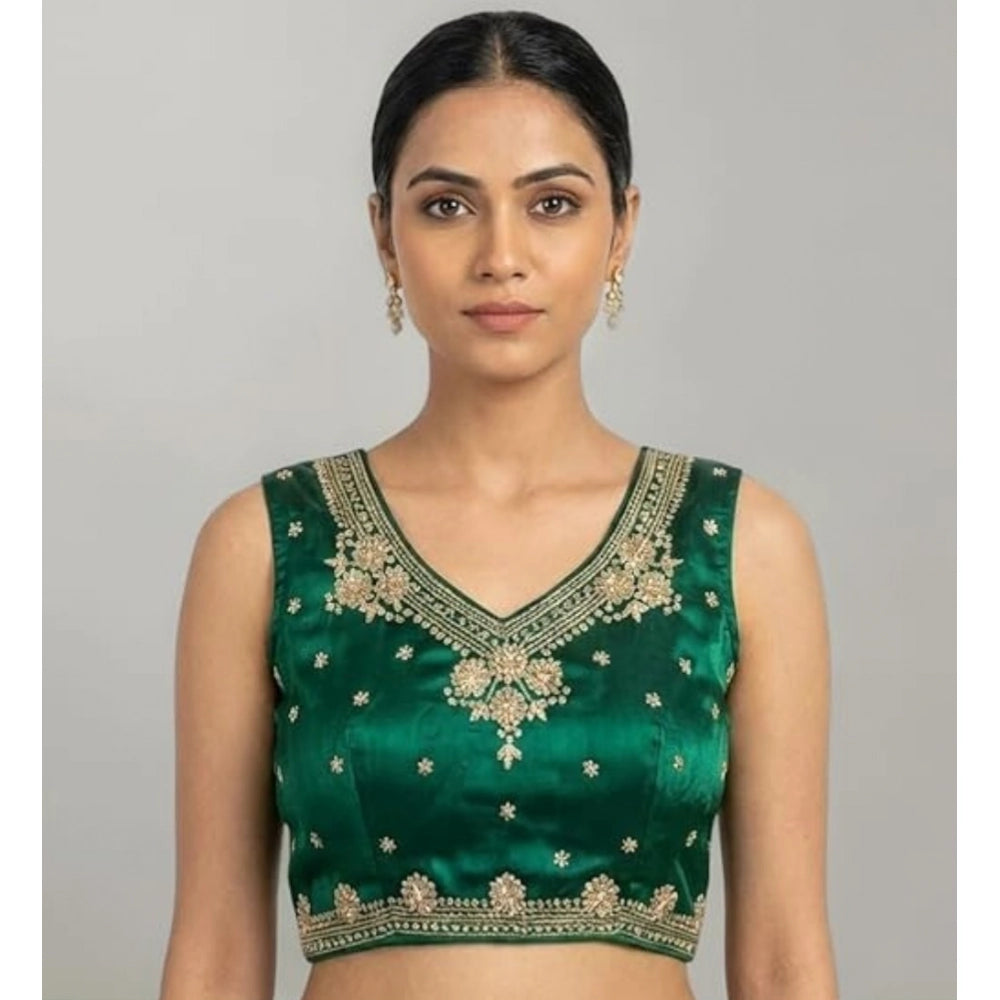 Women's Silk Embroidered V-Neck Sleeveless Readymade Padded Blouse — Green