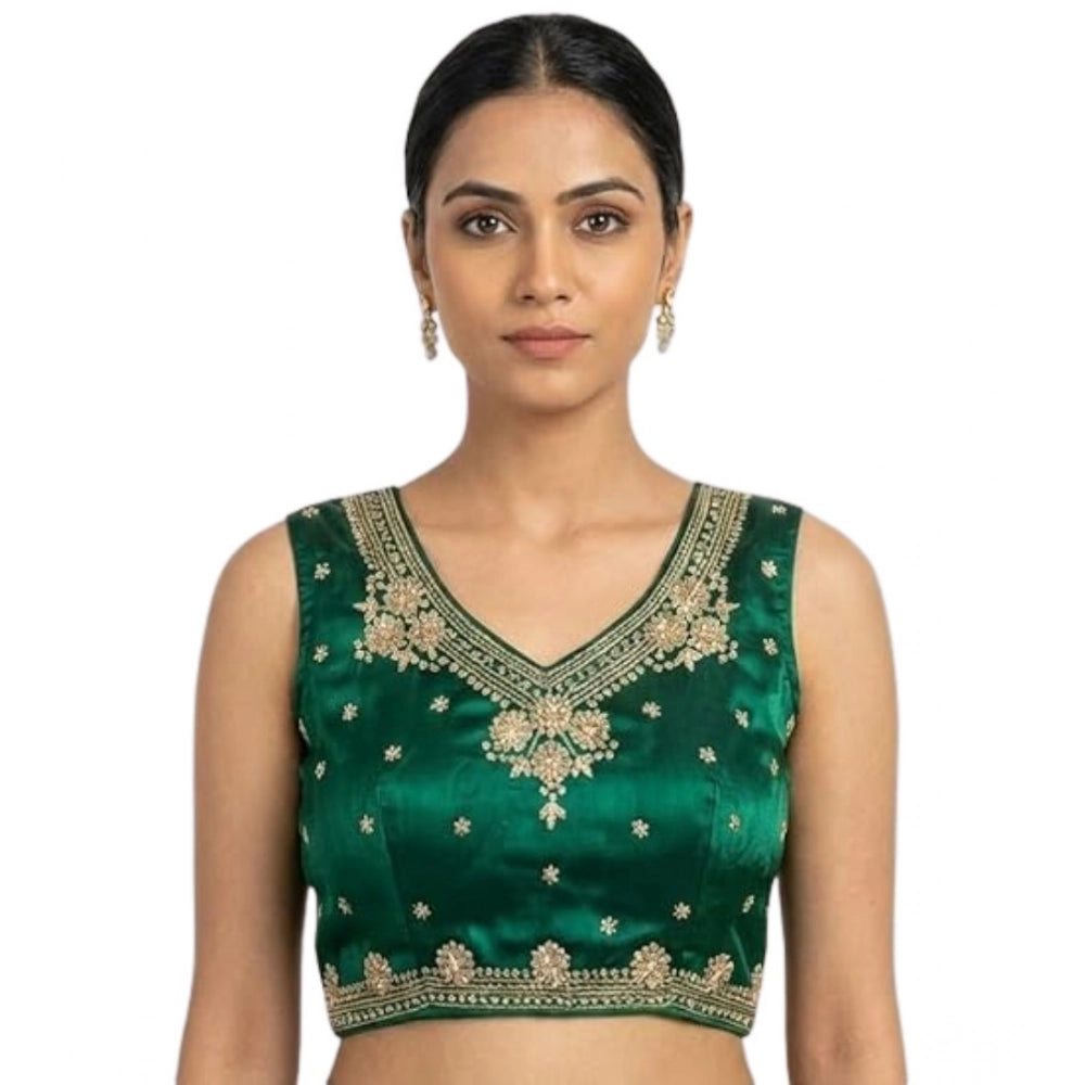 Women's Silk Embroidered V-Neck Sleeveless Readymade Padded Blouse — Green