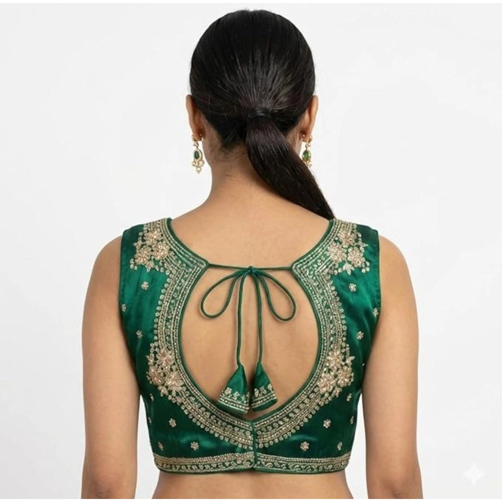 Women's Silk Embroidered V-Neck Sleeveless Readymade Padded Blouse — Green