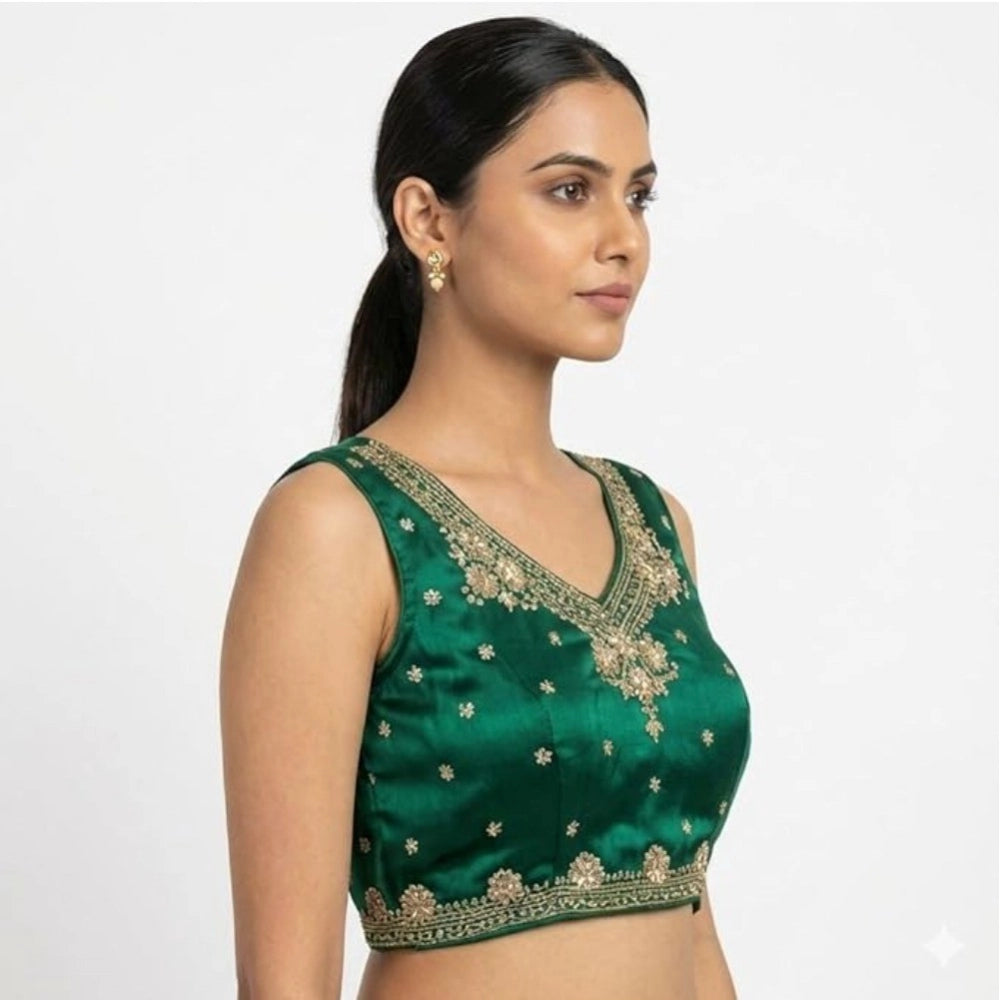 Women's Silk Embroidered V-Neck Sleeveless Readymade Padded Blouse — Green